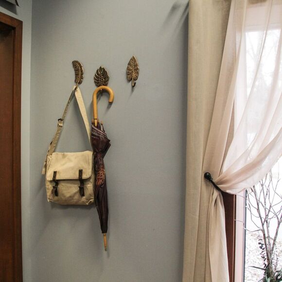 Set of 3 Cast Iron Gold Tropical Leaf Decorative Wall Hooks Towel Hanger Rack - Picture 6 of 8